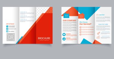 Creative Corporate Trifold Broşür Şablonu Mavi ve Turuncu Soyut Tasarım. IT şirketi için. Pazarlama Mizanseni. Düzenlenebilir resim.