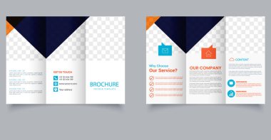 Modern Business Trifold Broşür Şablonu ile Turuncu ve Mavi Geometrik Tasarım. Pazarlama Mizanseni. Düzenlenebilir resim.