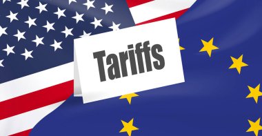 ABD-AB Ticaret Gümrüğü Konsepti. Amerikan ve Avrupa Birliği Bayrakları ve Gümrük Metni. Düzenlenebilir resim.