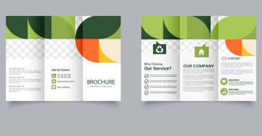 Yeşil geometrik dizaynlı düzenlenebilir üç katlı broşür. Eko şirketleri, iş sunumları, pazarlama materyalleri veya kurumsal markalaşma için ideal. Metin ve resimler için yer tutucuları içerir. Prof için tam özelleştirilebilir düzen