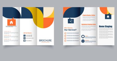 Emlak acentelerinin profesyonel ve temiz üç katlı broşürü, emlak listeleri veya ev satışları pazarlaması, şirket detayları, iletişim bilgileri ve özellikli listeler. Yazdırma veya dijital kullanım için ideal