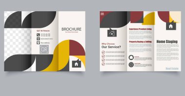 Emlak Üçlü Broşür Şablonu. Zarif Mülkiyet Pazarlama Tasarımı. Düzenlenebilir resim.