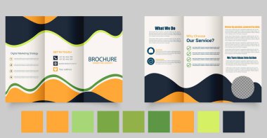 Modern Trifold Broşür Tasarım Şablonu. Dijital Pazarlama Ajansı, İş Tanıtımı veya Şirket Hizmetleri için Vektör Düzeni. Vektör grafikleri. Düzenlenebilir resim.