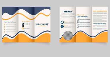 Modern Trifold Broşür Tasarım Şablonu. Dijital Pazarlama Ajansı, İş Tanıtımı veya Şirket Hizmetleri için Vektör Düzeni. Vektör grafikleri.