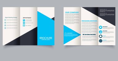 Modern Dijital Pazarlama Ajansı Mavi Aksanlı Üç Katlı Broşür Şablonu. Vektör grafikleri. Düzenlenebilir resim.