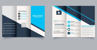 Modern Kurumsal Üçlü Broşür Şablonu 'nda QR Şifresi ve Pazarlama Ajansı için Mavi Aksanlar. Mavi Aksan.