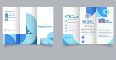 Modern Tıbbi Üçlü Broşür Temiz Mavi Sağlık Hizmetleri Tasarım Şablonu. Vektör grafikleri. Düzenlenebilir resim.