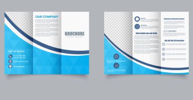 Üç Katlı Şirket Broşürü. Emlak ve Hizmetler için Mavi İş Tasarımı. Düzenlenebilir resim.