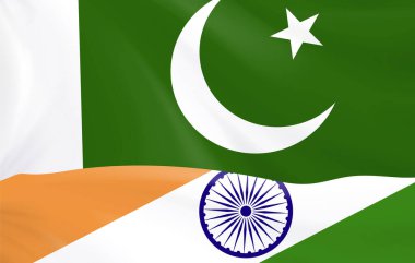 Hindistan Pakistan Bayrakları Birlikte. İki bayrak dikkatsizce birbirine bindirilmiştir. Haber makalelerinde, siyasi analizde, eğitim içeriğinde veya uluslar arasında birlik ve anlayışı destekleyen sosyal kampanyalarda kullanılmak için ideal.