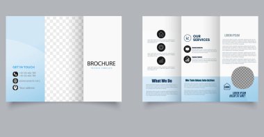 Geometrik Tasarımlı Mavi Modern Üçlü Broşür Şablonu. Düzenlenebilir resim.