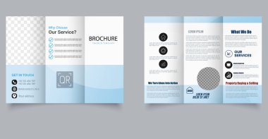 Geometrik Tasarımlı Mavi Modern Üçlü Broşür Şablonu. Düzenlenebilir resim.