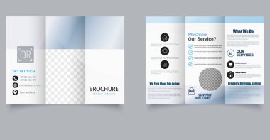 Geometrik Tasarımlı Mavi Modern Üçlü Broşür Şablonu. Düzenlenebilir resim.