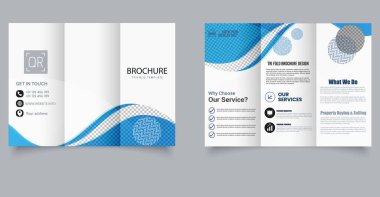 Modern Kurumsal Üçlü Broşür Şablonu Mavi Dalga Tasarımı. Profesyonel ve temiz üç katlı broşür dinamik bir mavi dalga tasarımı, kurumsal hizmetler ve pazarlama ajansları için ideal..