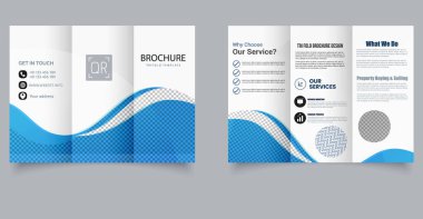 Modern Kurumsal Üçlü Broşür Şablonu Mavi Dalga Tasarımı. Kurumsal hizmetler pazarlama ajansları için ideal, dinamik bir mavi dalga tasarımı içeren profesyonel ve temiz üç katlı broşür.