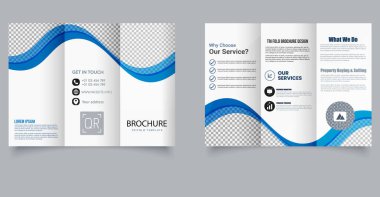 Modern Kurumsal Üçlü Broşür Şablonu Mavi Dalga Tasarımı. Kurumsal hizmetler pazarlama ajansları için ideal, dinamik bir mavi dalga tasarımı içeren profesyonel ve temiz üç katlı broşür.