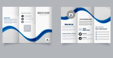 Modern Kurumsal Üçlü Broşür Şablonu Mavi Dalga Tasarımı. Kurumsal hizmetler pazarlama ajansları için ideal, dinamik bir mavi dalga tasarımı içeren profesyonel ve temiz üç katlı broşür.