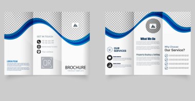 Modern Kurumsal Üçlü Broşür Şablonu Mavi Dalga Tasarımı. Kurumsal hizmetler pazarlama ajansları için ideal, dinamik bir mavi dalga tasarımı içeren profesyonel ve temiz üç katlı broşür.