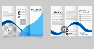 İçinde dinamik bir mavi dalga tasarımı bulunan profesyonel ve temiz bir broşür, kurumsal hizmetler, pazarlama ajansları ve emlak şirketleri için ideal. Logolar, hizmetler ve iletişim bilgileri için yer tutucular ile tam özelleştirilebilir yerleşim