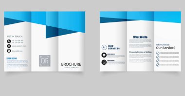 Mavi Geometrik Tasarımlı Minimal Corporate Trifold Broşür Şablonu. Cesur mavi geometrik şekillere sahip temiz ve minimal üç katlı broşür, kurumsal işletmeler, emlak hizmetleri ve pazarlama ajansları için mükemmel.