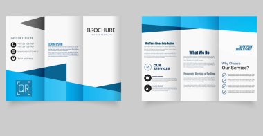 Mavi Geometrik Tasarımlı Minimal Corporate Trifold Broşür Şablonu. Cesur mavi geometrik şekillere sahip temiz ve minimal üç katlı broşür, kurumsal işletmeler, emlak hizmetleri ve pazarlama ajansları için mükemmel.