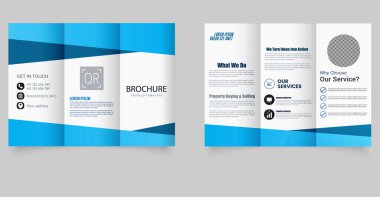 Mavi Geometrik Tasarımlı Minimal Corporate Trifold Broşür Şablonu. Cesur mavi geometrik şekillere sahip temiz ve minimal üç katlı broşür, kurumsal işletmeler, emlak hizmetleri ve pazarlama ajansları için mükemmel.