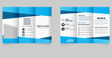 Mavi Geometrik Tasarımlı Minimal Corporate Trifold Broşür Şablonu. Cesur mavi geometrik şekillere sahip temiz ve minimal üç katlı broşür, kurumsal işletmeler, emlak hizmetleri ve pazarlama ajansları için mükemmel.