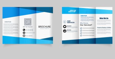 Mavi Geometrik Tasarımlı Minimal Corporate Trifold Broşür Şablonu. Cesur mavi geometrik şekillere sahip temiz ve minimal üç katlı broşür, kurumsal işletmeler, emlak hizmetleri ve pazarlama ajansları için mükemmel.