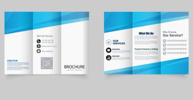 Mavi Geometrik Tasarımlı Minimal Corporate Trifold Broşür Şablonu. Modern tarzda bir şirket broşürü. Düzenlenebilir resim. Vektör.