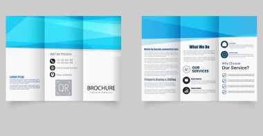 Modern Mavi Üçlü Bilişim Kurumsal Hizmetleri Broşürü Temiz ve Profesyonel Düzen. Temiz çizgiler, koyu mavi eğimler ve hizmetler için iyi yapılandırılmış bölümlerin yer aldığı üç katlı modern bir broşür..