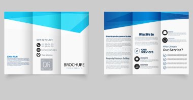 Modern Mavi Üçlü Bilişim Kurumsal Hizmetleri Broşürü Temiz ve Profesyonel Düzen. Temiz çizgiler, koyu mavi eğimler ve hizmetler için iyi yapılandırılmış bölümlerin yer aldığı üç katlı modern bir broşür..