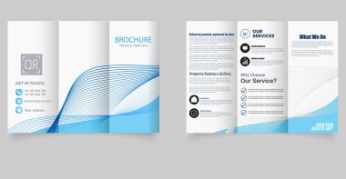 Dinamik çizgileri olan mavi üç katlı broşür. Geometrik Tasarım Şablonu. Düzenlenebilir resim. Vektör