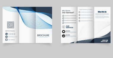 Wave Lines Corporate Dijital İş Şablonu ile Koyu Mavi Üçlü Broşür. Şirket, finans, danışmanlık veya dijital hizmet şirketleri için mükemmel.