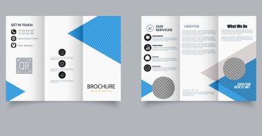 Modern Kurumsal Üçlü Broşür Mavi Aksanlı Şablon. Mavi geometrik aksanlı, kişiselleştirilebilir fotoğraflı, temiz ve modern bir düzenle profesyonel üç katlı broşür..