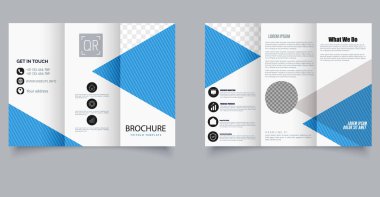 Modern Kurumsal Üçlü Broşür Mavi Aksanlı Şablon. Mavi geometrik aksanlı, kişiselleştirilebilir fotoğraflı, temiz ve modern bir düzenle profesyonel üç katlı broşür..