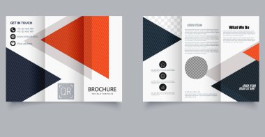 Broşür şablonu. Üçgen tasarım broşürü. Şirket işleri için. Düzenlemesi kolay, yer tutucu resimleri ve düzenli içerik bölümleriyle.
