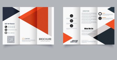 Broşür şablonu. Üçgen tasarım broşürü. Şirket işleri için. Düzenlemesi kolay, yer tutucu resimleri ve düzenli içerik bölümleriyle.