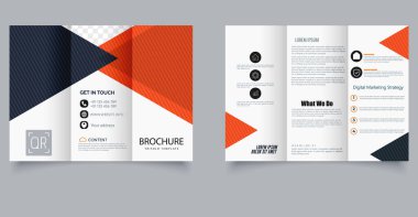 Broşür şablonu. Üçgen tasarım broşürü. Şirket işleri için. Düzenlemesi kolay, yer tutucu resimleri ve düzenli içerik bölümleriyle.