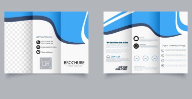 İş ve Pazarlama için Yaratıcı Dalga Üçlü Broşür Şablonu. Mavi ve beyaz tonlarda pürüzsüz dalga tasarım unsurları olan üç katlı şık broşür, kurumsal, pazarlama ve promosyon kullanımı için ideal