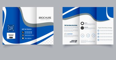 Üç katlı dalga broşürü. Mavi ve beyaz broşür. Tasarım ve baskı için. Pürüzsüz dalga tasarım elementleriyle süslü üç katlı bir broşür. Düzenlenebilir resim.
