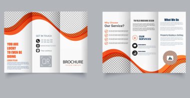 Şekilli üç katlı turuncu broşür, dalgalar. Broşür hazır. Ayarlaması kolay ve yazdırmaya hazır.