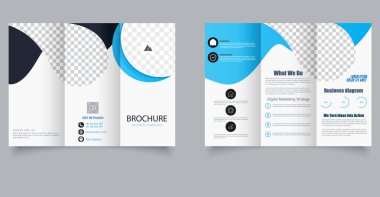 Dinamik soyut dalga elemanları ve canlı mavi aksanlı yaratıcı üç katlı broşür. Pazarlama ve kurumsal markalaşma için ideal.
