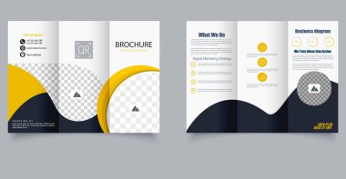 Dinamik soyut dalga elemanları ve parlak sarı aksanlı yaratıcı üç katlı broşür. Pazarlama ve kurumsal markalaşma için ideal. Düzenlenebilir resim.