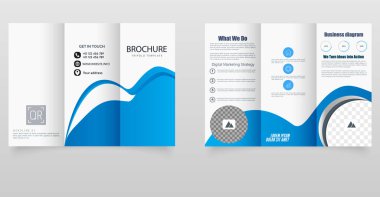 Dinamik soyut dalga elemanları ve canlı mavi aksanlı yaratıcı üç katlı broşür. Pazarlama ve kurumsal markalaşma için ideal.