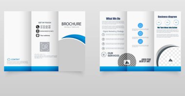 Dinamik soyut dalga elemanları ve canlı mavi aksanlı yaratıcı üç katlı broşür. Dinamik mavi dalga