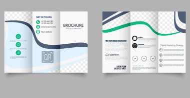 Üç katlı dalga broşürü. Mavi ve beyaz broşür. Tasarım ve baskı için. Düzenlenebilir resim.