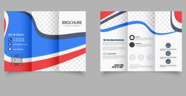 Kırmızı ve Mavi Soyut Dalga Tasarımlı Renkli Üçlü Broşür Şablonu. Dinamik kırmızı ve mavi soyut dalga elemanlarıyla modern üç katlı broşür şürü