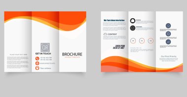 Şekilli üç katlı turuncu broşür, dalgalar. Broşür hazır. Düzenlenebilir resim.