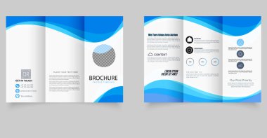 Modern Kurumsal Üçlü Broşür Şablonu Mavi Dalga Tasarımı. Modern mavi dalga tasarımı içeren temiz ve profesyonel bir üç katlı broşür.
