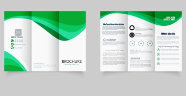 Modern Kurumsal Üçlü Broşür Şablonu ve Yeşil Dalga Tasarımı. Düzenlenebilir resim.