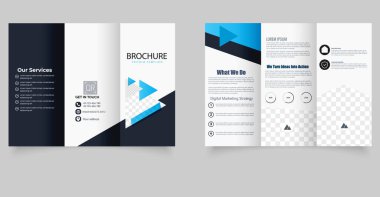 Modern Kurumsal Üçlü Broşür Mavi Aksanlı Şablon. Mavi tonlu cesur bir geometrik yerleşim içeren profesyonel ve modern bir üç katlı broşür.